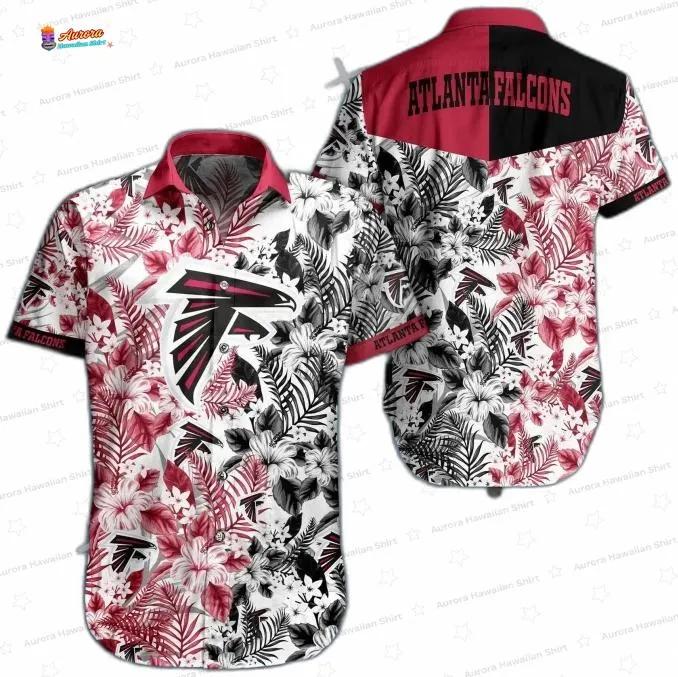 Red Hibiscus Split Atlanta Falcons Hawaiian Shirt, Floral Fan Aloha Button-Up Red Hibiscus Split Atlanta Falcons Hawaiian Shirt, Floral Fan Aloha Button-Up