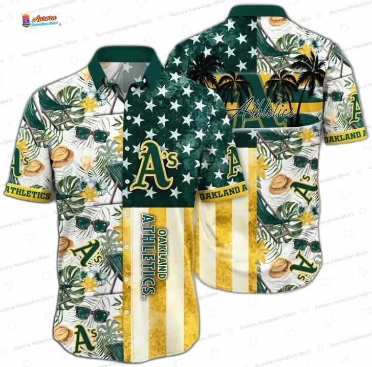 Tropical Flag Oakland Athletics Hawaiian Shirt, Sunset Vibes Aloha Button-Up Tropical Flag Oakland Athletics Hawaiian Shirt, Sunset Vibes Aloha Button-Up