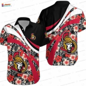 Tropical Floral Surge Ottawa Senators Hawaiian Shirt, Black Red NHL Aloha Button-Up for Hockey Fan Gift