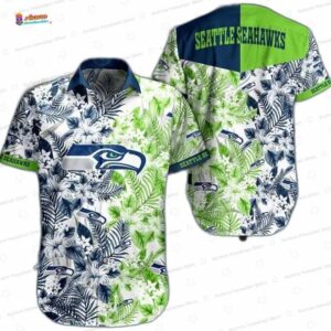 Green Navy Tropical Fusion Seattle Seahawks Hawaiian Shirt, Vintage Floral Aloha Button-Up