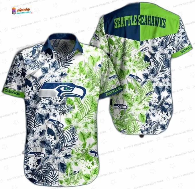 Green Navy Tropical Fusion Seattle Seahawks Hawaiian Shirt, Vintage Floral Aloha Button-Up Green Navy Tropical Fusion Seattle Seahawks Hawaiian Shirt, Vintage Floral Aloha Button-Up