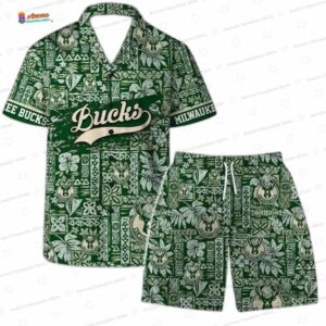 Green Tiki Patchwork Milwaukee Bucks Hawaiian Shirts
