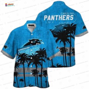Blue Palm Gridiron Carolina Panthers Hawaiian Shirt, Tropical Fan Aloha Button-Up