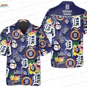Tropical Icon Detroit Tigers Hawaiian Shirt, Navy Floral Baseball Aloha Button-Up