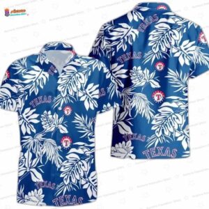 Blue Tropical Leaf Texas Rangers Hawaiian Shirt, Palm Leaf Aloha Button-Up