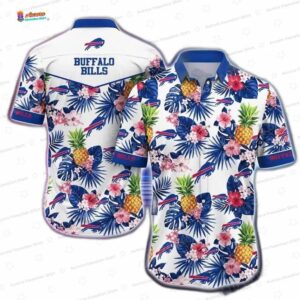 Tropical Pineapple Buffalo Bills Hawaiian Shirt, White Floral NFL Aloha Button-Up for Football Fan Vacation Gift