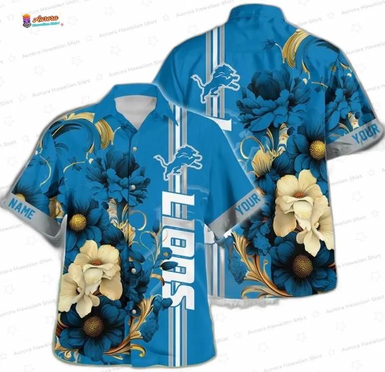 Custom Blue Floral Rush Detroit Lions Hawaiian Shirt, Tropical Fan Aloha Button-Up Custom Blue Floral Rush Detroit Lions Hawaiian Shirt, Tropical Fan Aloha Button-Up