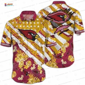 Golden Tropical Stripes Arizona Cardinals Hawaiian Shirt, Floral Fan Aloha Button-Up