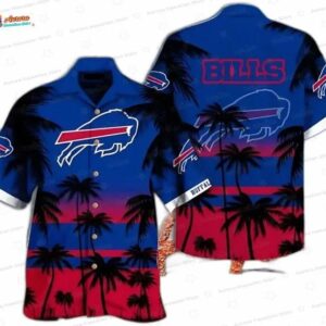Tropical Sunset Buffalo Bills Hawaiian Shirt, Blue Red Beachside Football Aloha Button-Up for NFL Fan Gift