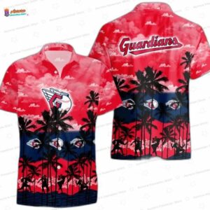 Pink Palm Sunset Cleveland Guardians Hawaiian Shirt, Tropical Breeze Aloha Button-Up