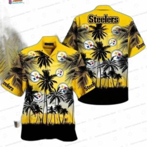 Tropical Sunset Palm Tree Pittsburgh Steelers Hawaiian Shirt, Black Yellow Game Day Button Down
