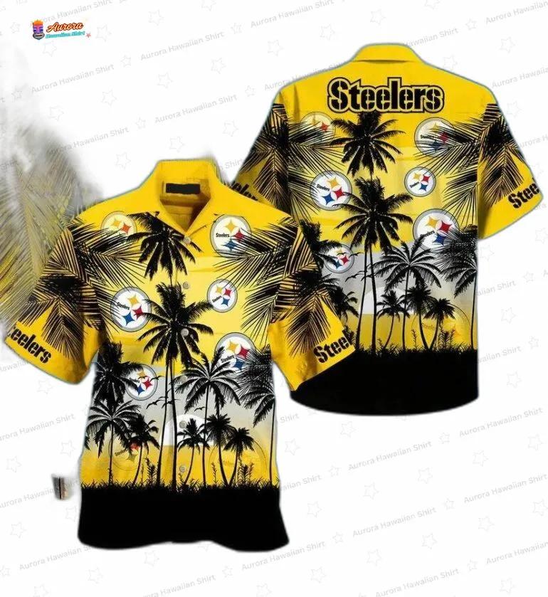Tropical Sunset Palm Tree Pittsburgh Steelers Hawaiian Shirt, Black Yellow Game Day Button Down Tropical Sunset Palm Tree Pittsburgh Steelers Hawaiian Shirt, Black Yellow Game Day Button Down