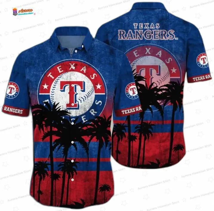 Tropical Sunset Texas Rangers Hawaiian Shirt, Palm Shadow Resort Style Tropical Sunset Texas Rangers Hawaiian Shirt, Palm Shadow Resort Style