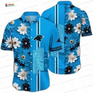 Blue Daisy Stripe Carolina Panthers Hawaiian Shirt, Floral Fan Aloha Button-Up