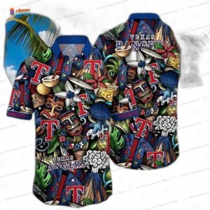 Tropical Tiki Texas Rangers Hawaiian Shirt, Jungle Style Aloha Button-Up