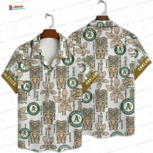 Tropical Tiki Oakland Athletics Hawaiian Shirt, Cream Palm Leaf Style