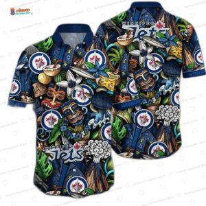 Navy Blue Tropical Tiki Game Day Winnipeg Jets Hawaiian Shirts