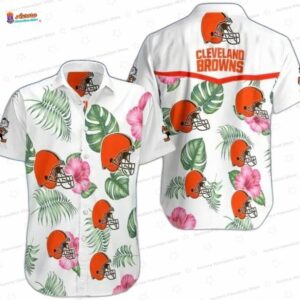 Tropical Touchdown Cleveland Browns Hawaiian Shirt, White Floral Football Aloha Button-Up for Game Day Gift