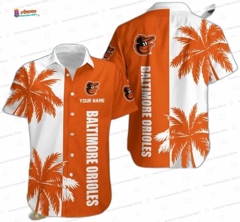 Orange Palm Custom Baltimore Orioles Hawaiian Shirt, Tropical Fan Aloha Button-Up Orange Palm Custom Baltimore Orioles Hawaiian Shirt, Tropical Fan Aloha Button-Up