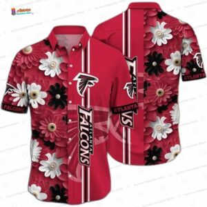 Red Daisy Stripe Atlanta Falcons Hawaiian Shirt, Floral Fan Aloha Button-Up