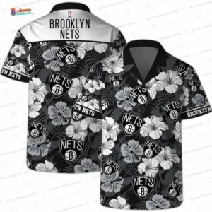 Black White Tropical Floral Brooklyn Nets Hawaiian Shirt