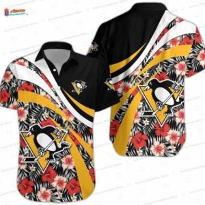 Black Gold Tropical Floral Game Day Pittsburgh Penguins Hawaiian Shirts