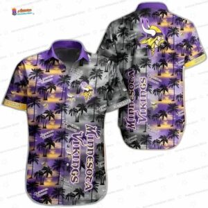 Purple Sunset Palm Minnesota Vikings Hawaiian Shirt, Tropical Fan Aloha Button-Up