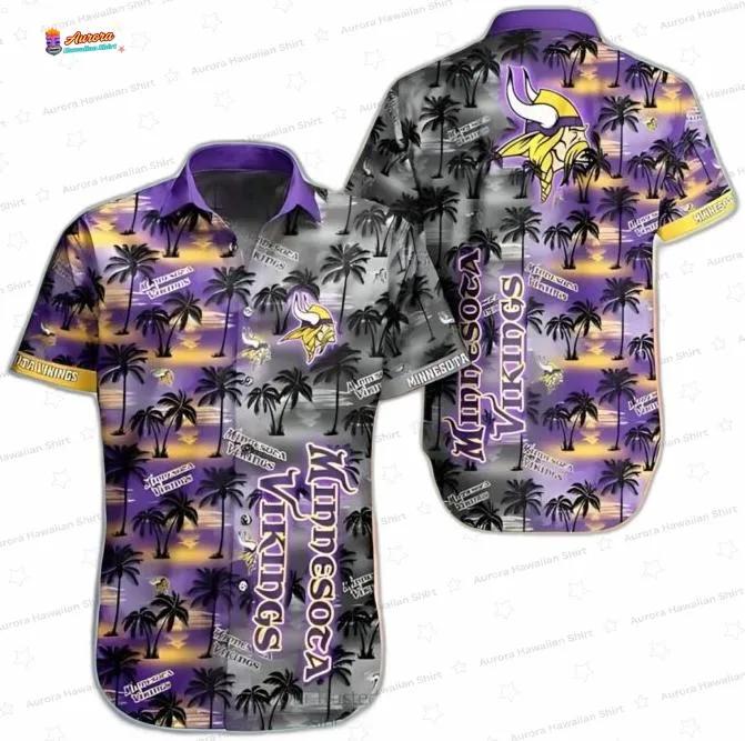 Purple Sunset Palm Minnesota Vikings Hawaiian Shirt, Tropical Fan Aloha Button-Up Purple Sunset Palm Minnesota Vikings Hawaiian Shirt, Tropical Fan Aloha Button-Up