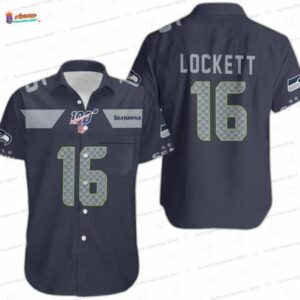 Tyler Lockett 16 Seattle Seahawks Hawaiian Shirt, Navy Jersey Fan Aloha Button-Up