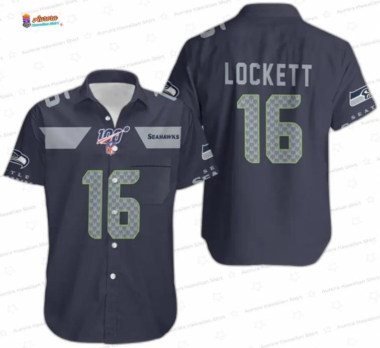 Tyler Lockett 16 Seattle Seahawks Hawaiian Shirt, Navy Jersey Fan Aloha Button-Up Tyler Lockett 16 Seattle Seahawks Hawaiian Shirt, Navy Jersey Fan Aloha Button-Up