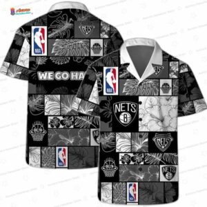 Black White Botanical Patchwork Brooklyn Nets Hawaiian Shirts