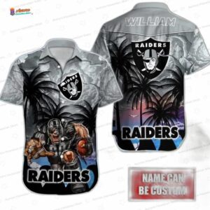 Personalized Sunset Thunder Las Vegas Raiders Hawaiian Shirt, Gray Palm Game Day Button-Up