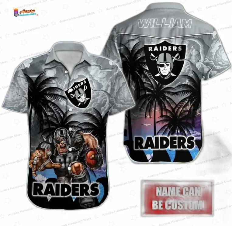 Personalized Sunset Thunder Las Vegas Raiders Hawaiian Shirt, Gray Palm Game Day Button-Up Personalized Sunset Thunder Las Vegas Raiders Hawaiian Shirt, Gray Palm Game Day Button-Up