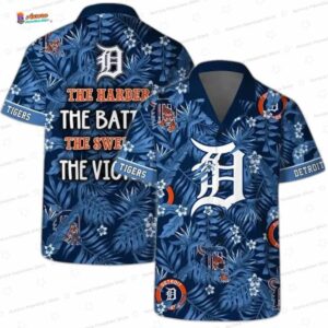 Victory Quote Detroit Tigers Hawaiian Shirt, Navy Tropical Floral Style