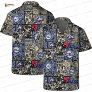 Vintage Black and Gold Palm Breeze Philadelphia 76ers Hawaiian Shirt
