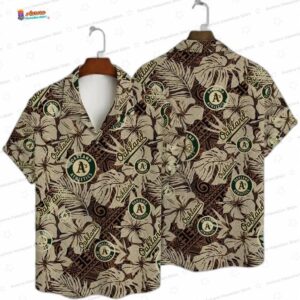 Vintage Palm Leaf Oakland Athletics Hawaiian Shirt, Tan Resort Fan Style