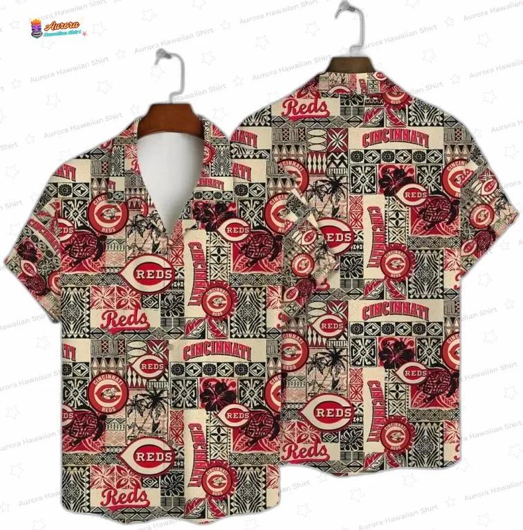 Retro Tiki Patchwork Cincinnati Reds Hawaiian Shirt