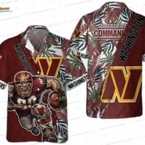 Warrior Beach Washington Commanders Hawaiian Shirt, Tropical Leaf Game Day Button Up