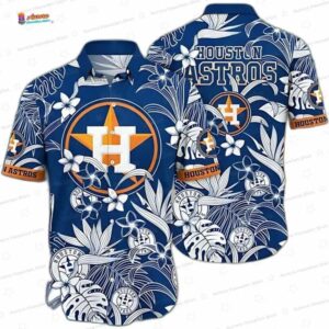 White Floral Breeze Houston Astros Hawaiian Shirt, Navy Tropical Aloha Button-Up