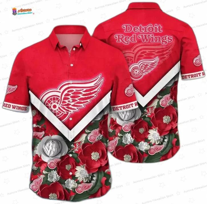 Detroit Red Wings Floral Chevron Hawaiian Shirt for Hockey Fans Detroit Red Wings Floral Chevron Hawaiian Shirt for Hockey Fans