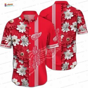 Floral Stripes Detroit Red Wings Hawaiian Shirt, Red White Hockey Aloha Button-Up for NHL Fan Gift