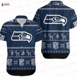 Winter Knit Seattle Seahawks Hawaiian Shirt, Navy Holiday Game Day