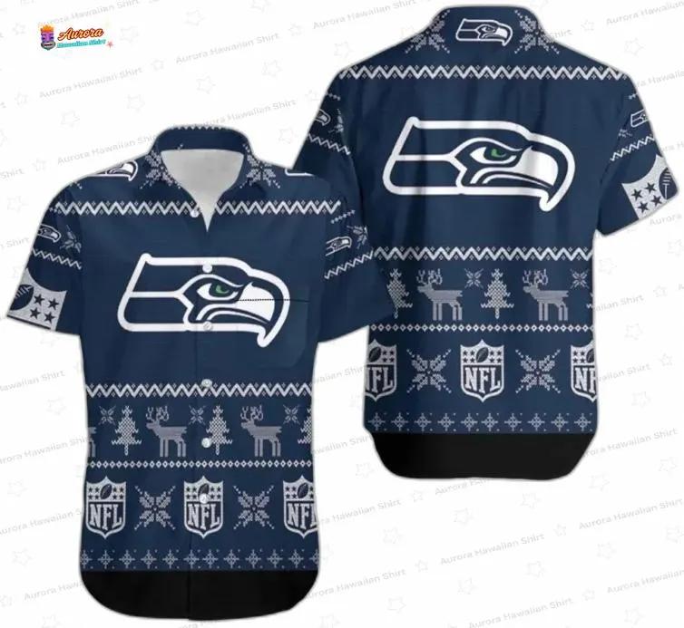 Winter Knit Seattle Seahawks Hawaiian Shirt, Navy Holiday Game Day Winter Knit Seattle Seahawks Hawaiian Shirt, Navy Holiday Game Day