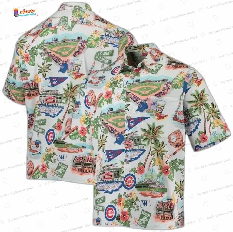 Retro Wrigley Postcard Chicago Cubs Hawaiian Shirt Retro Wrigley Postcard Chicago Cubs Hawaiian Shirt