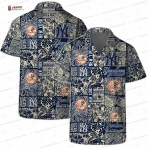 Vintage Patchwork New York Yankees Hawaiian Shirt, Navy Tropical Fan Style