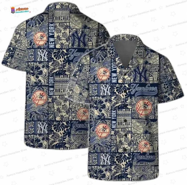 Vintage Patchwork New York Yankees Hawaiian Shirt, Navy Tropical Fan Style Vintage Patchwork New York Yankees Hawaiian Shirt, Navy Tropical Fan Style