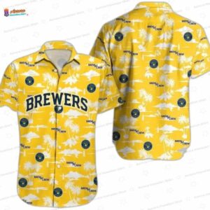 Golden Palm Silhouette Milwaukee Brewers Hawaiian Shirts