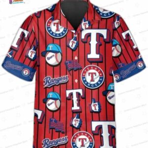 Red Blue Diamond Texas Rangers Hawaiian Shirt, Pinstripe Baseball Aloha Button-Up