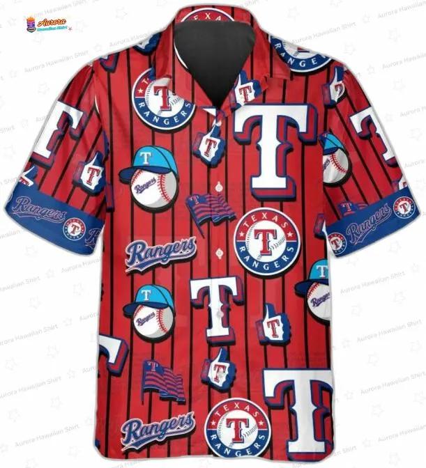 Red Blue Diamond Texas Rangers Hawaiian Shirt, Pinstripe Baseball Aloha Button-Up Red Blue Diamond Texas Rangers Hawaiian Shirt, Pinstripe Baseball Aloha Button-Up